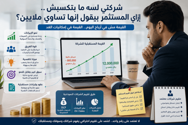 مقيم شركات معتمد لتقييم شركة خاسرة بقيمة مستقبلية بالملايين